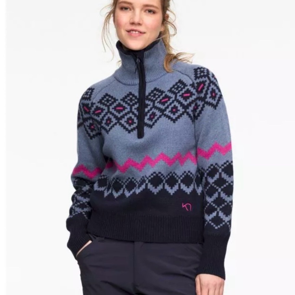 KARI TRAA Agnes knit wool half zip alpine fair isle sweater size L - Picture 2 of 8